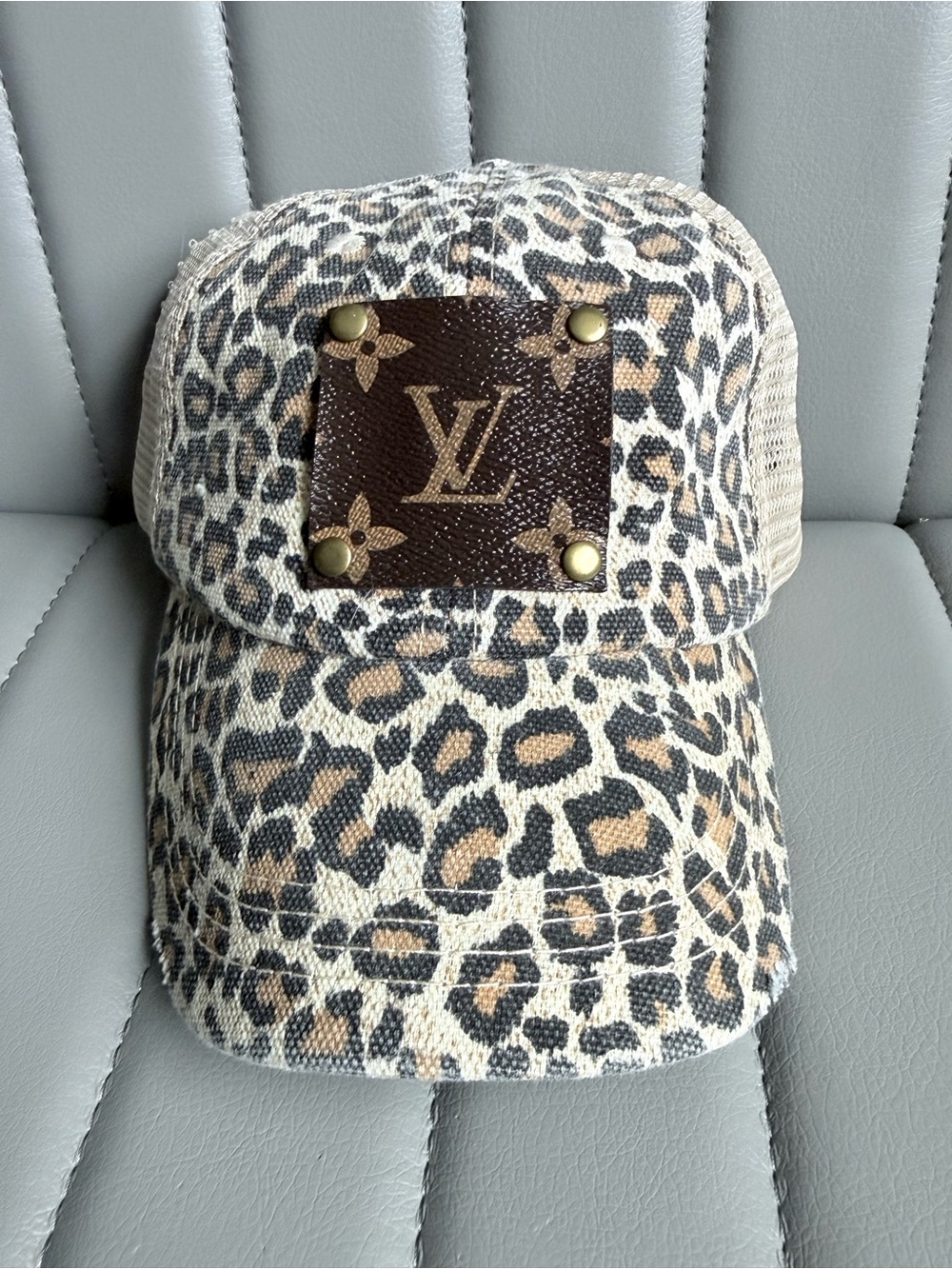 Upcycled Distressed Leopard Print Mesh Trucker Hat - Beige Louis Vuitton Detail